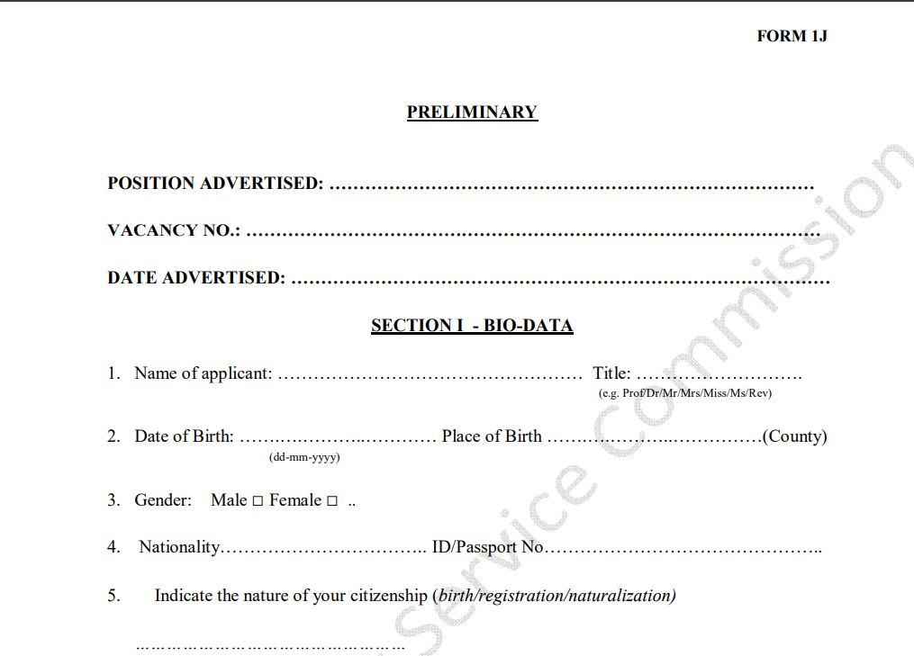 Parliamentary Service Commission Application Form (form 1j)