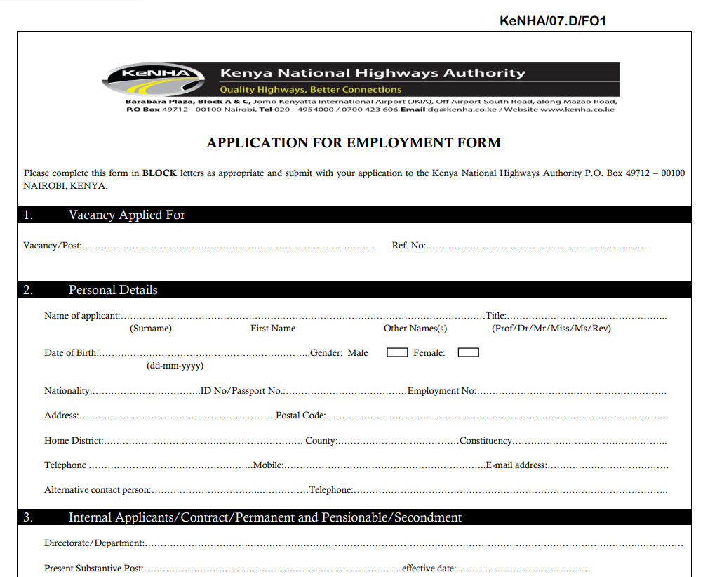 KeNHA Employment Application Form 2025